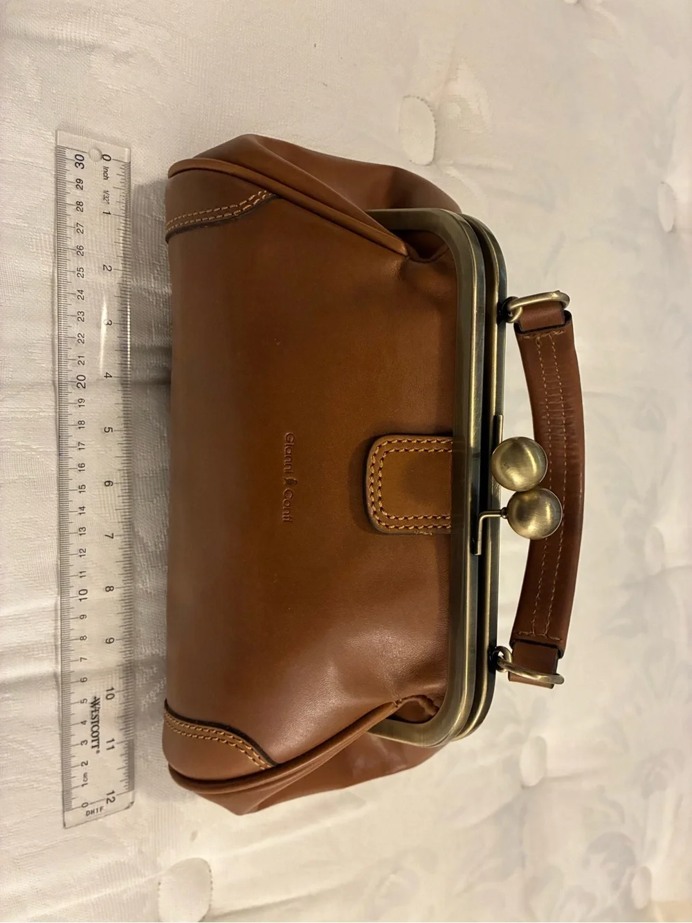 Structured Tan Leather Kiss-Lock Wristlet Clutch